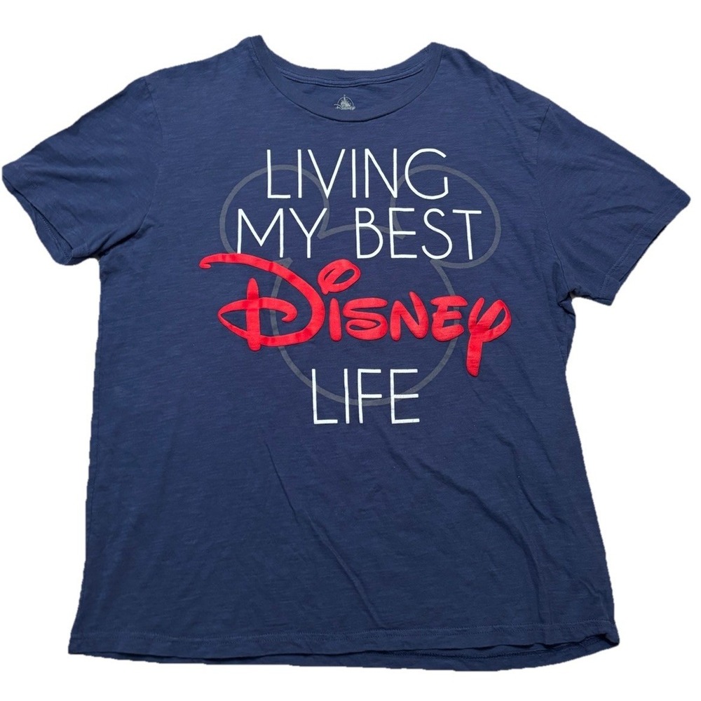 Living My Best‎ Disney Life Blue  T-Shirt Size L 100% Cotton White & Red Letter